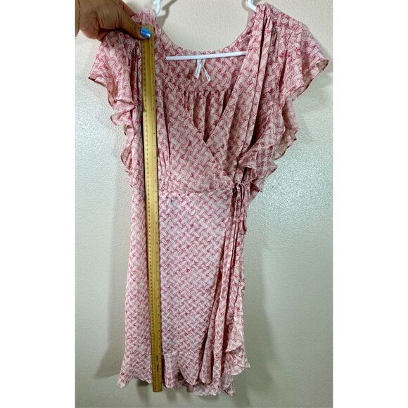NWOT Feather & Bone by Anthropologie Flutter Sleeve Pink & Cream Wrap Dress S - Picture 7 of 10